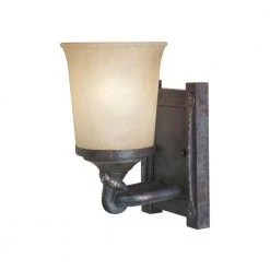 5.5 in. Austin 1-Light Weathered Saddle Rustic Wall Mount Sconce Light with Satin Crepe Glass Shade by Designers Fountain