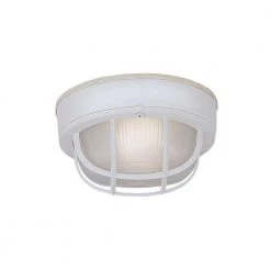 7 in. Round White 1-Light Outdoor Ceiling Mount Bulkhead with Ribbed Frosted Glass Shade by Designers Fountain